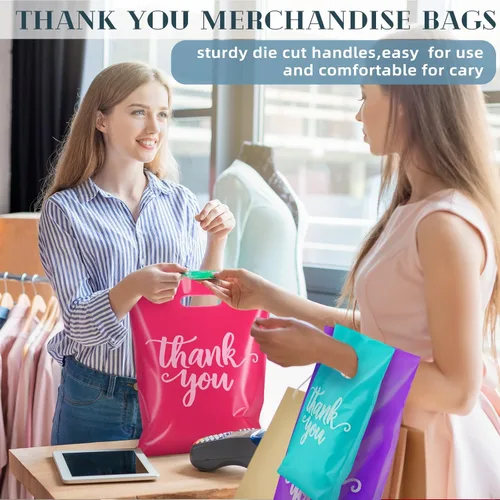 Miniatura 7 de Eersida 200 piezas de bolsas de plástico con asas para agradecimiento, bolsas de compras troqueladas a granel de 3 tamaños, paquete de compras al