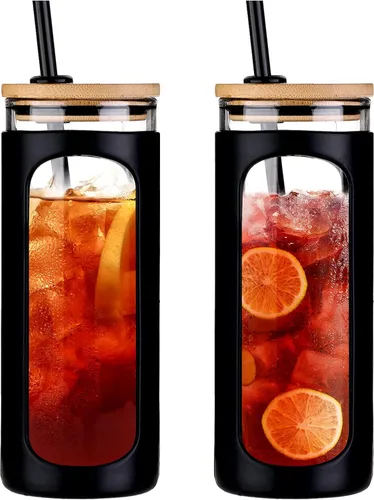 Miniatura 37 de Kodrine Vaso para agua de vidrio de 20 onzas con popote y tapa, botella de agua con tapas de bambú, taza para café helado, reutilizable, boca ancha