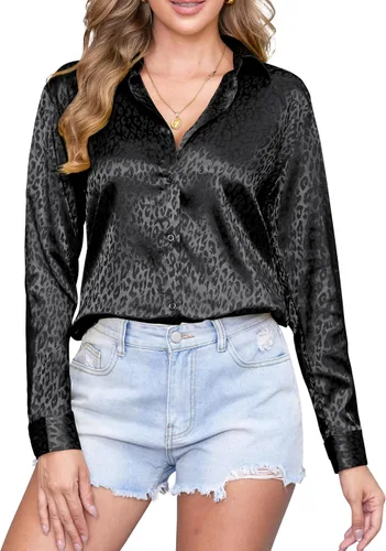Miniatura 8 de CUNLIN Camisas de satén de seda suave con botones de leopardo para mujer, camisa de trabajo de manga larga de seda, blusas de vestir, tops