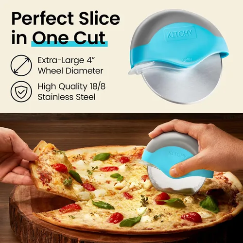 Miniatura 3 de Rueda para cortar pizza con protección para cuchilla Kitchy, rebanador súper afilado y fácil de limpiar, de acero inoxidable, Azul