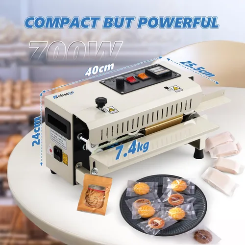 Miniatura 7 de Máquina selladora térmica comercial, sellador automático de banda continua, temperatura y velocidad ajustable, máquina de sellado horizontal de Beige
