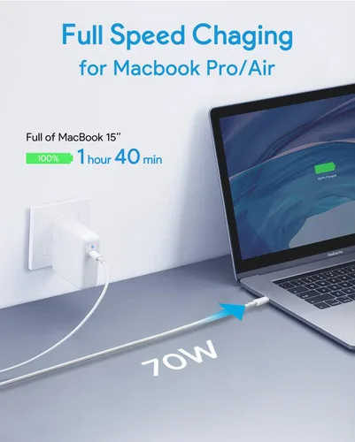 Miniatura 3 de Cargador Mac Book Pro, adaptador de corriente de cargador USB C de 70 W para MacBook Pro/Air de 13/14 pulgadas, para MacBook de 12 pulgadas, incluye