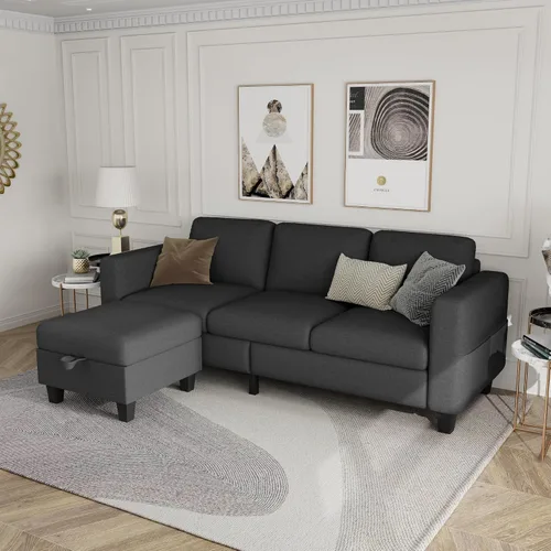 Miniatura 4 de Sofá modular para sala de estar, sofá en forma de L, pequeño modular de 3 asientos, cómodo lino con almacenamiento de asiento profundo, fundas
