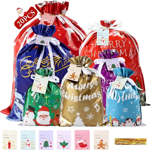 PARTTELY Bolsas de regalo de Navidad, 20 piezas Bolsas de Navidad con cordón de tamaños surtidos Bolsas de regalo con etiquetas y lazos de regalo