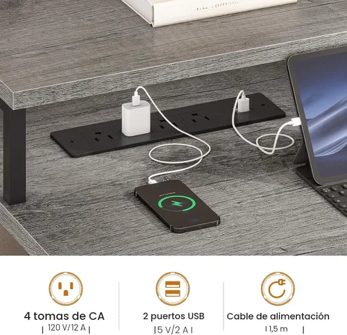 Miniatura 7 de SEDETA Escritorio para computadora de 75 pulgadas con 5 cajones, toma de corriente y luces LED, escritorio de oficina en casa con cajón de archivos