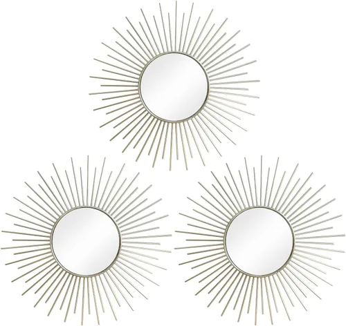 Miniatura 18 de Paquete de 3 espejos metálicos para pared, con diseño de rayos de sol, para decoración del hogar, arte decorativo para colgar en la pared para sala