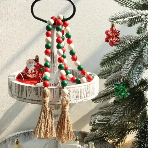 Miniatura 2 de Guirnalda de cuentas de madera de Navidad, cuentas de granja de 39 pulgadas con borlas, bandeja escalonada, decoración para colgar en la pared