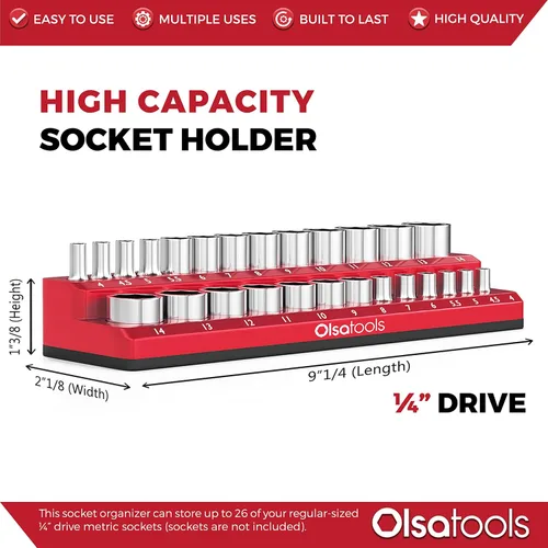 Miniatura 3 de Olsa Tools - Organizador magnético de llaves de vaso Con accionamiento de 1/4 pulgada Métrico Rojo Con capacidad para 26 llaves de vaso