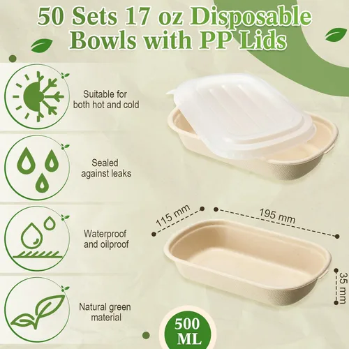 Miniatura 3 de Remerry 50 juegos de 17 oz, tazones desechables con tapas de papel, recipientes desechables de papel para preparación de comidas, recipientes