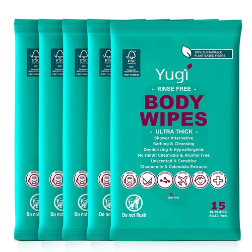Toallitas corporales (5 paquetes) 75 toallitas de ducha ultra gruesas XL para baño de adultos, camping, viajes, gimnasio, enfermería, automóvil, sin