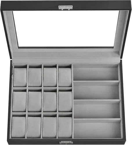 Miniatura 15 de SONGMICS 24 organizador y exhibidor negro de calidad superior, de vidrio, con funda para reloj, de piel sintética UJWB024
