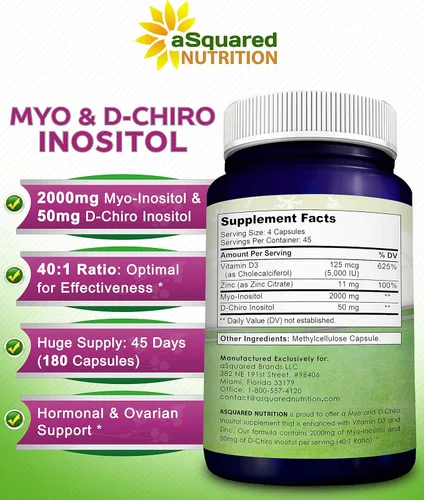 Miniatura 5 de aSquared Nutrition Suplemento de mio-inositol y D-Chiro inositol - 180 cápsulas - Más vitamina D3 y zinc - Proporción de mio y D-Chiro inositol 40 a