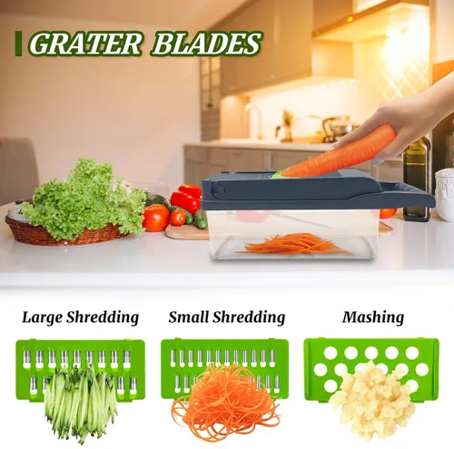 Miniatura 2 de Picador de verduras, multifuncional 14 en 1, picador de verduras de cocina con 8 cuchillas, cortador de cebolla profesional, cortador de verduras