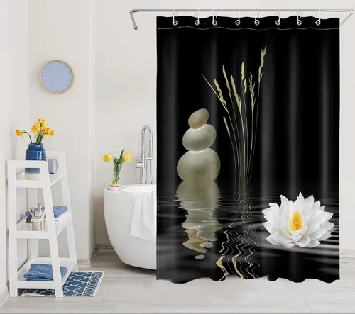 LB Cortina de ducha asiática de piedra zen, cortina de ducha japonesa para baño, cortinas de baño de tela negra de 48 x 72 pulgadas con ganchos