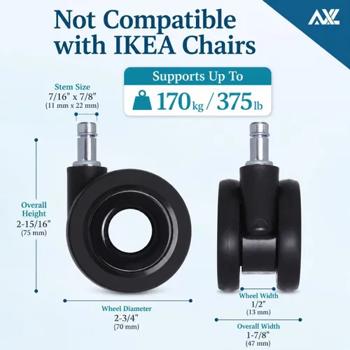 Miniatura 3 de AXL Ruedas de repuesto para silla de oficina de 2.5 pulgadas, ruedas estilo PU, protector de suelo para silla de escritorio, sin ruido, ruedas