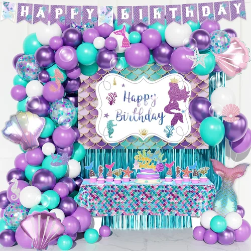 Decoraciones de cumpleaños de sirena, decoraciones de fiesta de sirena, telón de fondo de color morado, verde azulado y azul, mantel con recorte de