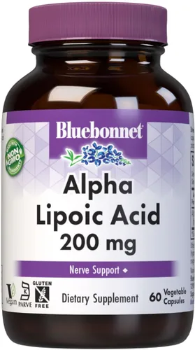 Bluebonnet Ácido alfa lipoico de 200 mg – Potente suplemento antioxidante de apoyo nervioso – Para mujeres y hombres diario – Sin OMG, vegano,