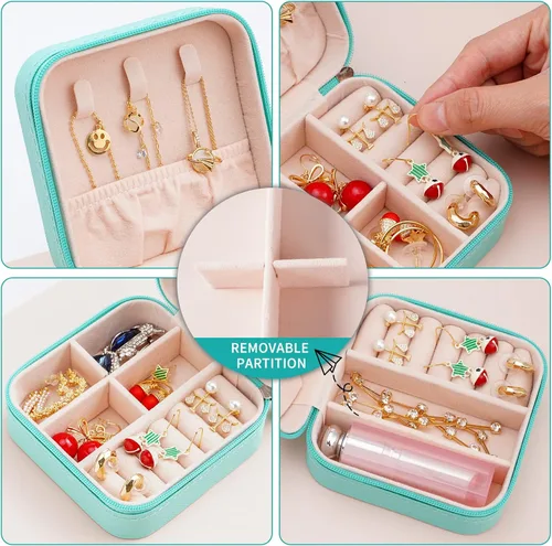 Miniatura 5 de Mini caja de joyería portátil de viaje de cuero organizador de anillos de joyería caja de regalo para niñas y mujeres 2 piezas azul