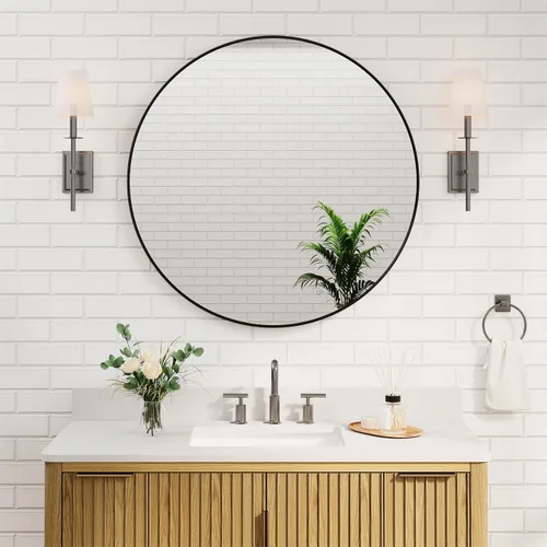 Miniatura 13 de WELLFOR Espejo redondo negro de 24 pulgadas, moderno espejo circular montado en la pared con marco de metal para entradas, baños, salas de estar