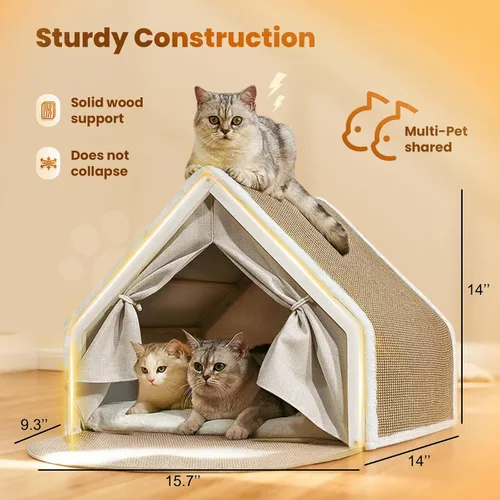 Miniatura 5 de Casas para gatos de interior – Cama para gatos de 4 estaciones con sisal natural rascador para gatos, marco de madera maciza con cortinas y alfombra