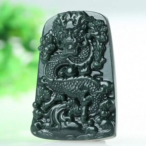 Miniatura 3 de China Natural Hetian Green Jade Nefrita Tallado Fengshui Zodiaco Dragón Bestia Colgante Amuleto Dragón 6#