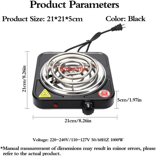 Miniatura 2 de Quemador de Encimera Compacto y Portátil - Quemador Eléctrico de Bobina Simple de 1000 Vatios para Encimera, Controles de Temperatura, Color Negro
