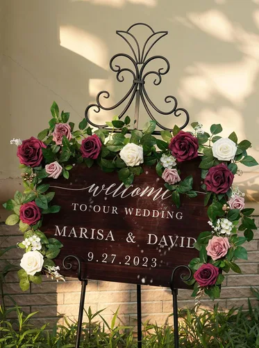 Miniatura 6 de PONATIA Guirnalda de Rosas Artificiales de Color Borgoña de 5 Pies Hecha a Mano, Flores Rosa Empolvado para Ceremonia de Boda, Guirnaldas de Telón