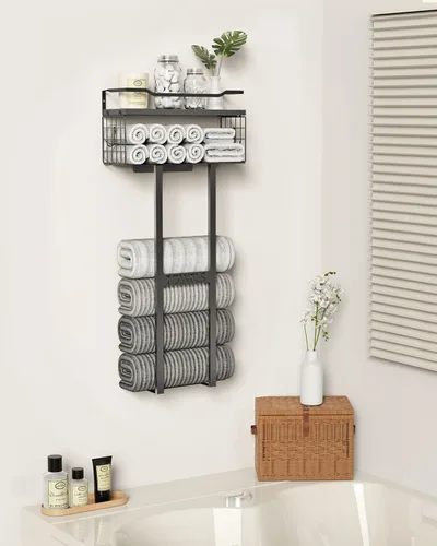 Miniatura 7 de Aetyord Toallero para Baño de 31 Pulgadas Montado en Pared, Estante Flotante con Tablero de Madera, Almacenamiento de Toallas para Baño que Puede
