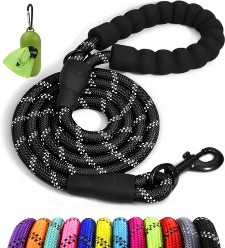 Taglory - Correa de cuerda de 6 pies para perro, con el mango acolchado cómodo, con hilos altamente reflectantes, correa para perros medianos y Negro
