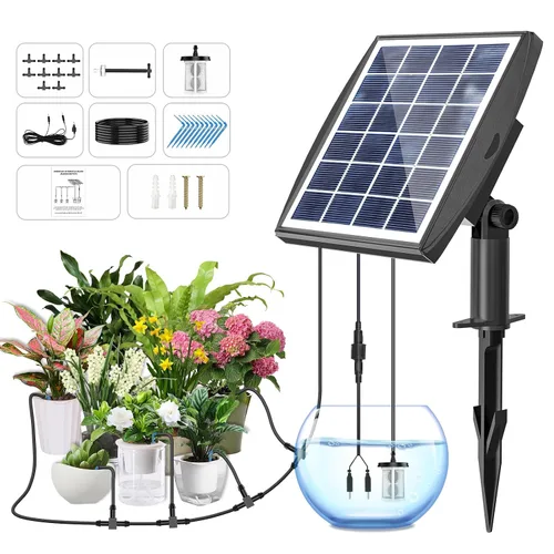 Sistema de riego por goteo alimentado por energía solar, accesorios de invernadero al aire libre, compatible con 15 macetas y 6 modos de temporizador