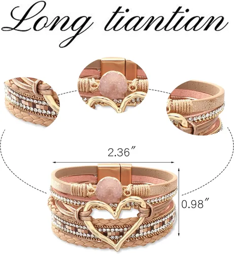 Miniatura 4 de Long tiantian Pulseras de cuero boho para mujer, lindas pulseras apilables de verano con corazón para mujer, regalos de moda 2024