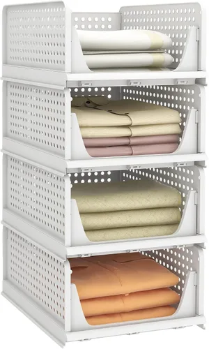 Miniatura 14 de Pinkpum Paquete de 8 organizadores de armario y almacenamiento apilables de plástico, contenedores de almacenamiento plegables para armario, cocina
