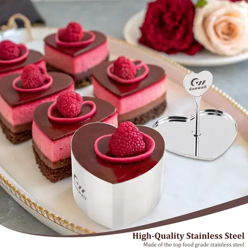 Miniatura 8 de Paquete de 2 Aros para Pastel Sin Costuras en Forma de Corazón Molde para Hornear Mousse de Acero Inoxidable Molde de Comida Incluyendo 1 Empujador