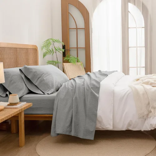 Miniatura 9 de BESTOUCH Juego de sábanas 100% algodón lavado, tacto súper suave, cómodo, elegante, ligero, juego de ropa de cama de 4 piezas, lino sólido, gris