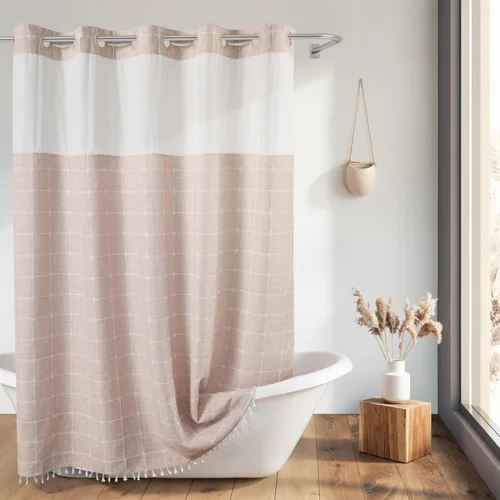 Miniatura 22 de Cortina de ducha River Dream de estilo granja gris con forro a presión, no necesita ganchos, con imanes, con borlas, repele el agua y es lavable a