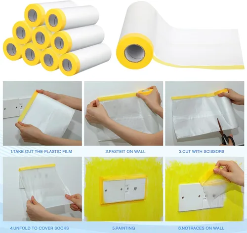 Miniatura 4 de Seajan 9 rollos de plástico con cinta adhesiva precintada para pintar pintura automotriz, película protectora, rollo de cinta adhesiva de plástico