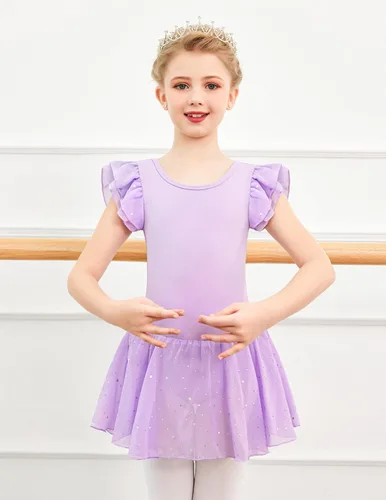 Miniatura 4 de Arshiner Leotardo de ballet brillante con mangas con volantes y falda con espalda cruzada para niñas