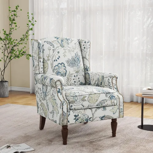 Miniatura 48 de Silla reclinable tapizada, sillón de ala floral con respaldo y reposapiés ajustables, cómoda silla decorativa para leer, sofá individual