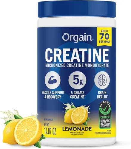 Orgain Monohidrato de creatina en polvo micronizado, sabor a limonada, 0.18 onzas de creatina, 70 porciones, apoya el crecimiento muscular, la