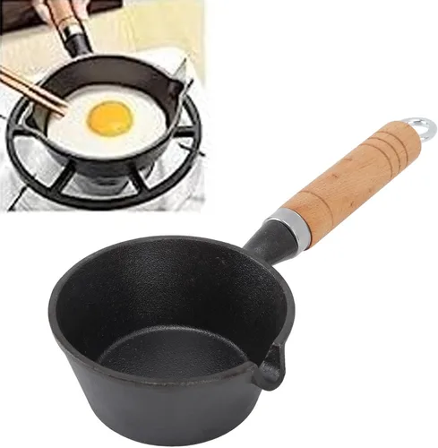Miniatura 4 de Mini sartén antiadherente, mini sartén de hierro fundido, mango de madera maciza, mini sartén presazonada para cocinar en interiores y exteriores