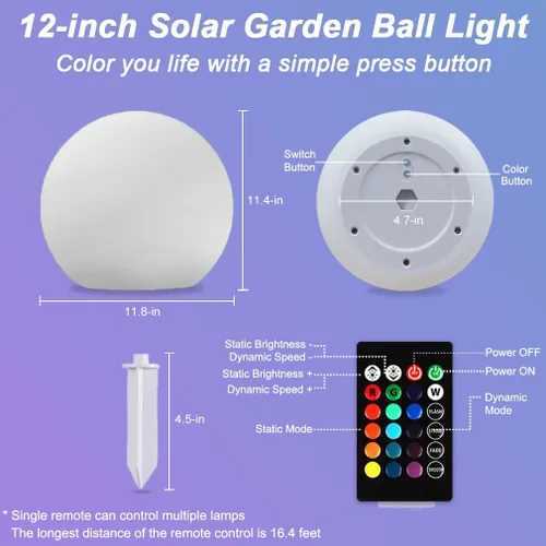 Miniatura 9 de Luz solar de bola brillante de 12 pulgadas para exteriores, luz solar de globo de jardín con control remoto, RGB impermeable que cambia