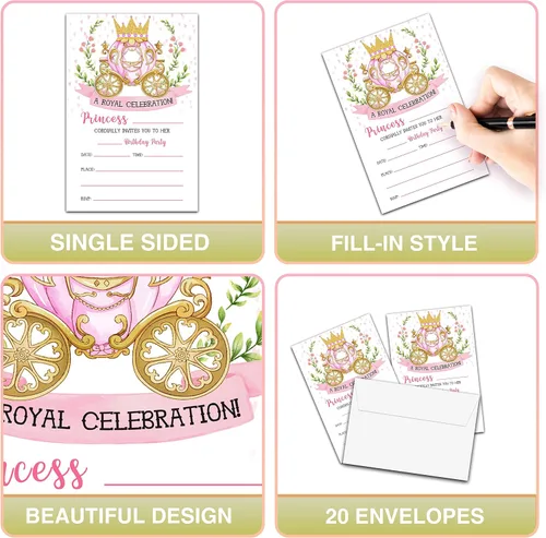 Miniatura 3 de Invitaciones de cumpleaños de princesa con sobres, tarjeta de invitación de fiesta real para niñas, tarjetas de invitaciones rosadas y doradas