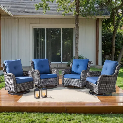 Miniatura 101 de HUMMUH Sillas Mecedoras Giratorias de Mimbre para Patio Exterior con Respaldo Alto, Sillas Deslizantes de Ratán PE, Juego de Muebles de Patio de 4