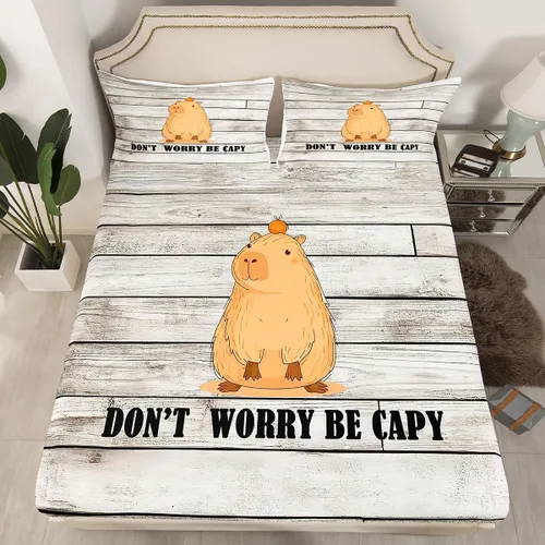 Miniatura 8 de Sábana bajera ajustable de Capybara de dibujos animados tamaño individual para niños, bonito juego de cama de Capybaras marrón para niños y niñas