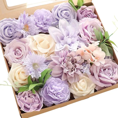 Miniatura 35 de Floroom - Flores artificiales de aspecto real en color lila, lavanda, púrpura y crema, rosas falsas, dalias y vegetación en conjunto de caja