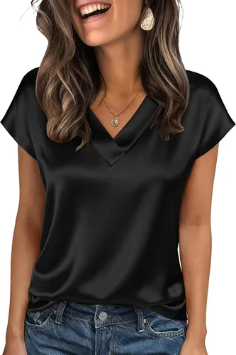Zeagoo - Camisetas de mujer de satén de seda, tops de manga corta con cuello en V, blusas para negocios y conjuntos casuales, talla S-2XL