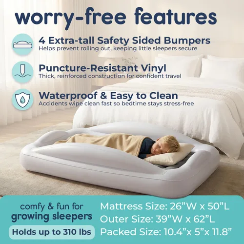 Miniatura 3 de hiccapop Cama de viaje inflable para niños pequeños con parachoques de seguridad [4 caras] Cama portátil para niños Colchón de aire para niños