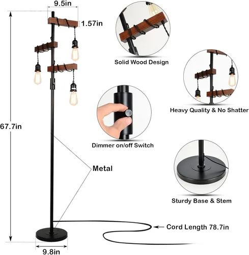 Miniatura 3 de Lámpara de pie industrial regulable, lámpara de pie de árbol de granja, lámpara de pie de madera de 68 pulgadas, 3 luces, base resistente, luz
