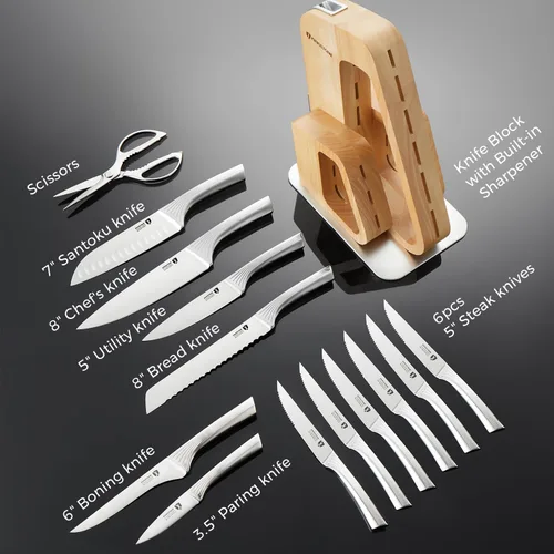 Miniatura 5 de Juego de cuchillos de cocina KINGSTONE con bloque, juego de 14 piezas de acero inoxidable alemán con afilador integrado, juego de bloque de Natural