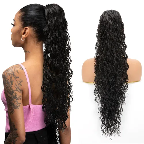 Miniatura 21 de Extensión de cabello corto negro con cordón para mujeres negras, cola de caballo recta de 14 pulgadas con rizos finales, postizos sintéticos